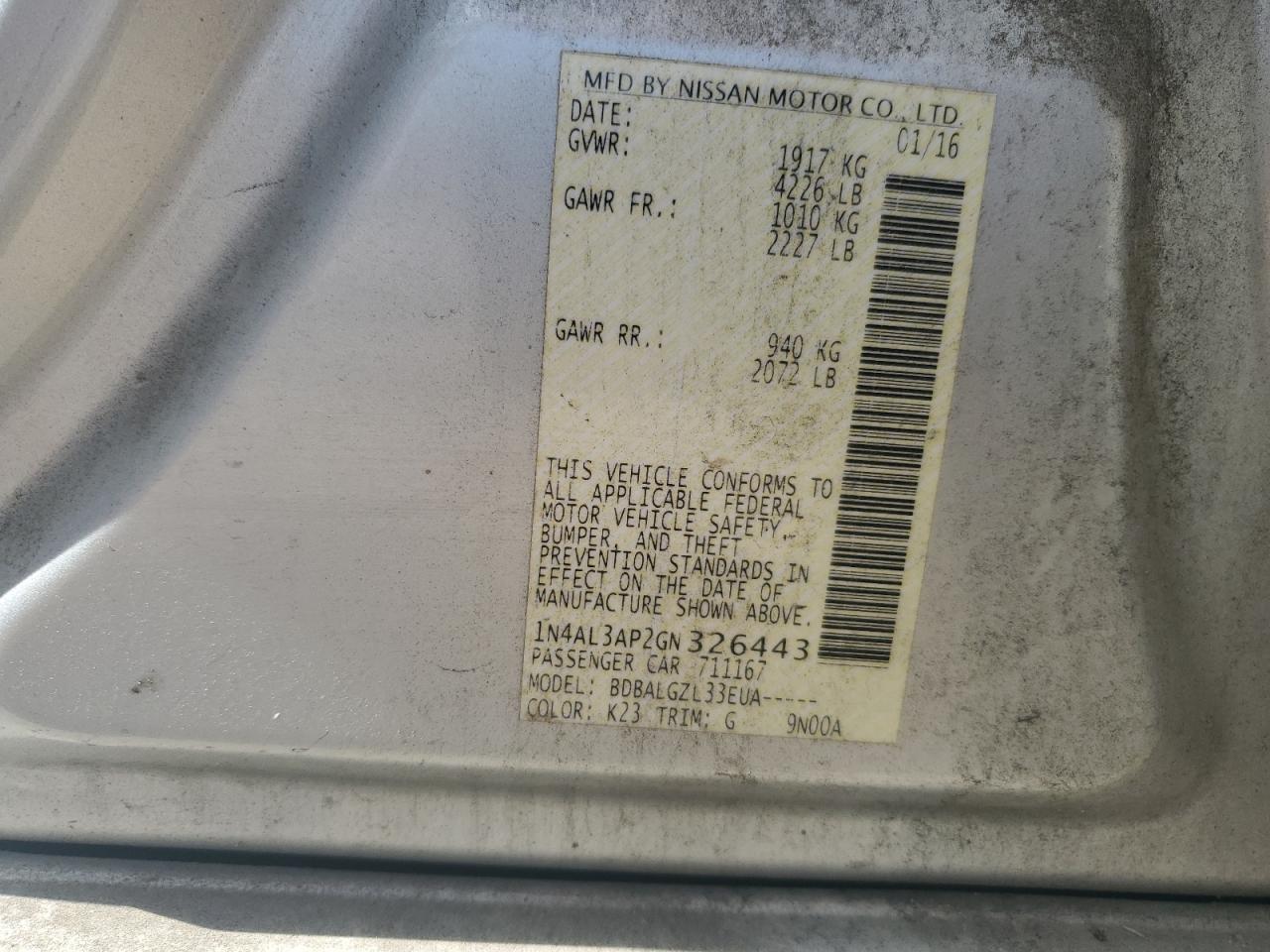 1N4AL3AP2GN326443 NISSAN ALTIMA 2016