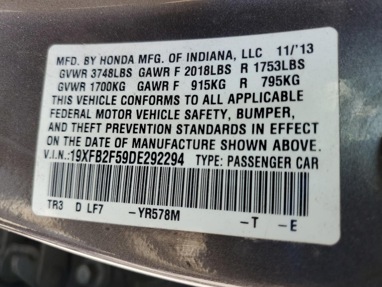 2013 Honda Civic Lx VIN: 19XFB2F59DE292294 Lot: 64525055