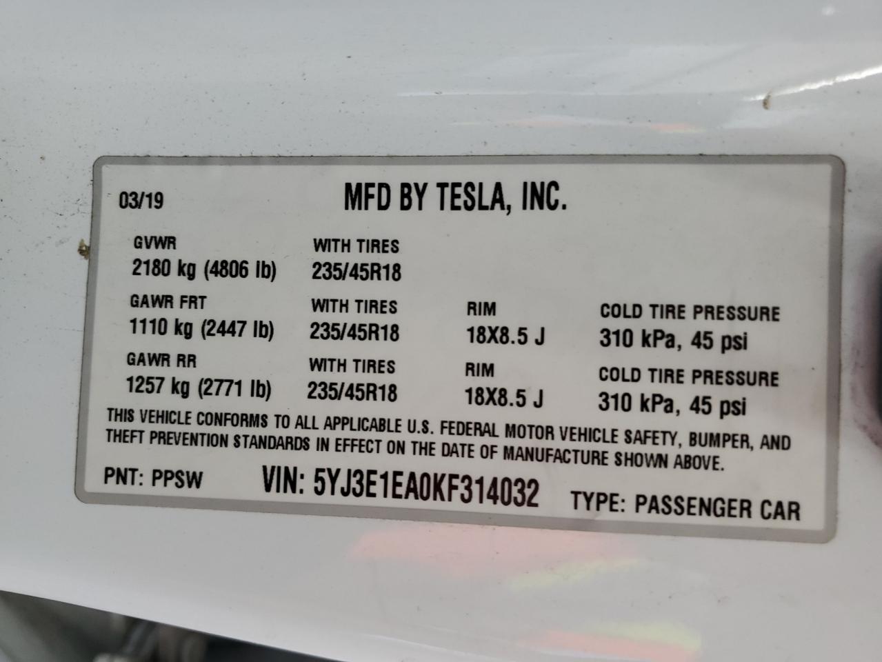 2019 Tesla Model 3 VIN: 5YJ3E1EA0KF314032 Lot: 65051845
