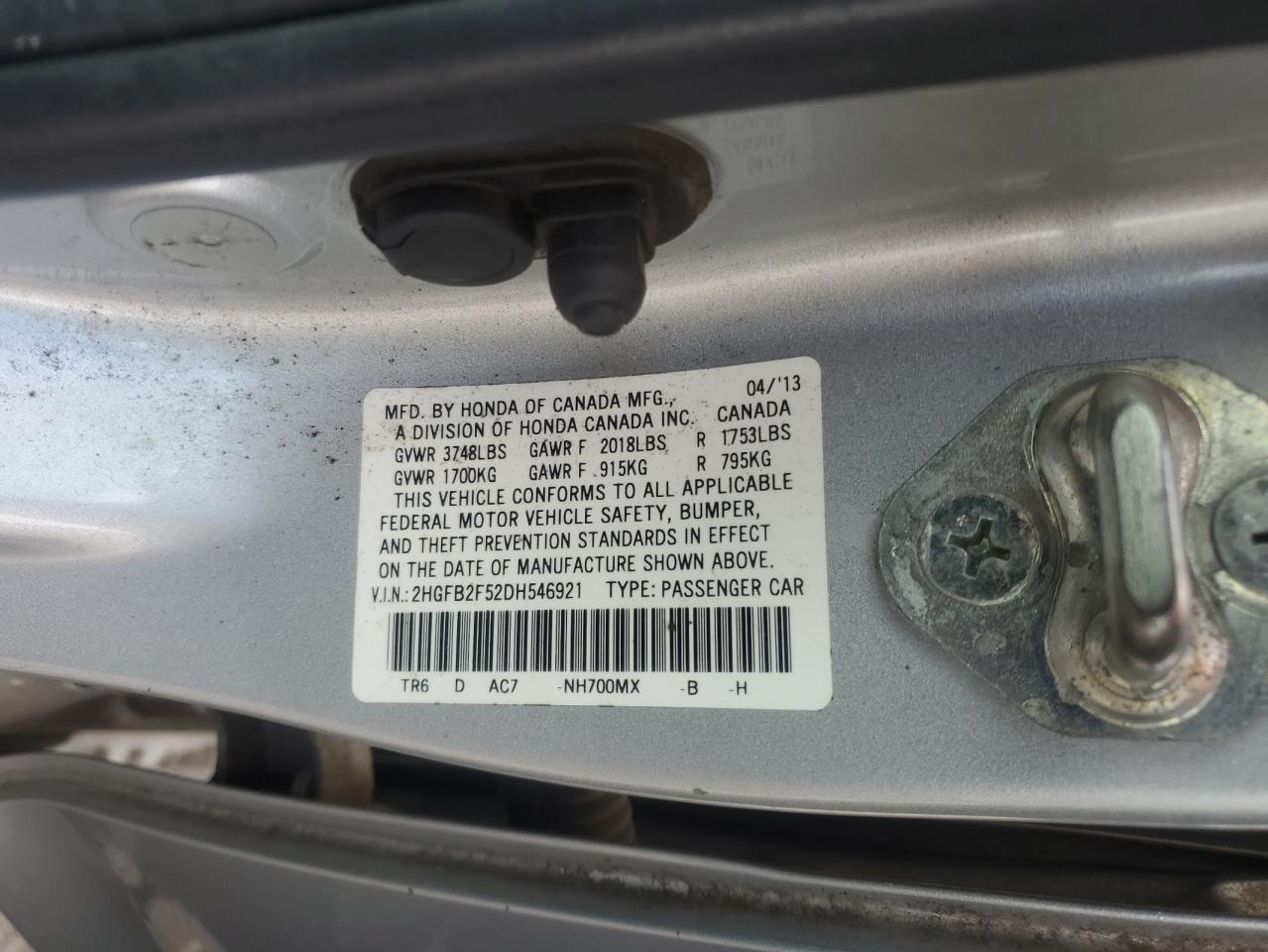 2013 Honda Civic Lx VIN: 2HGFB2F52DH546921 Lot: 64371215