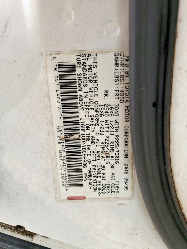 2000 Lexus Rx 300 VIN: JT6HF10U4Y0099886 Lot: 64615095