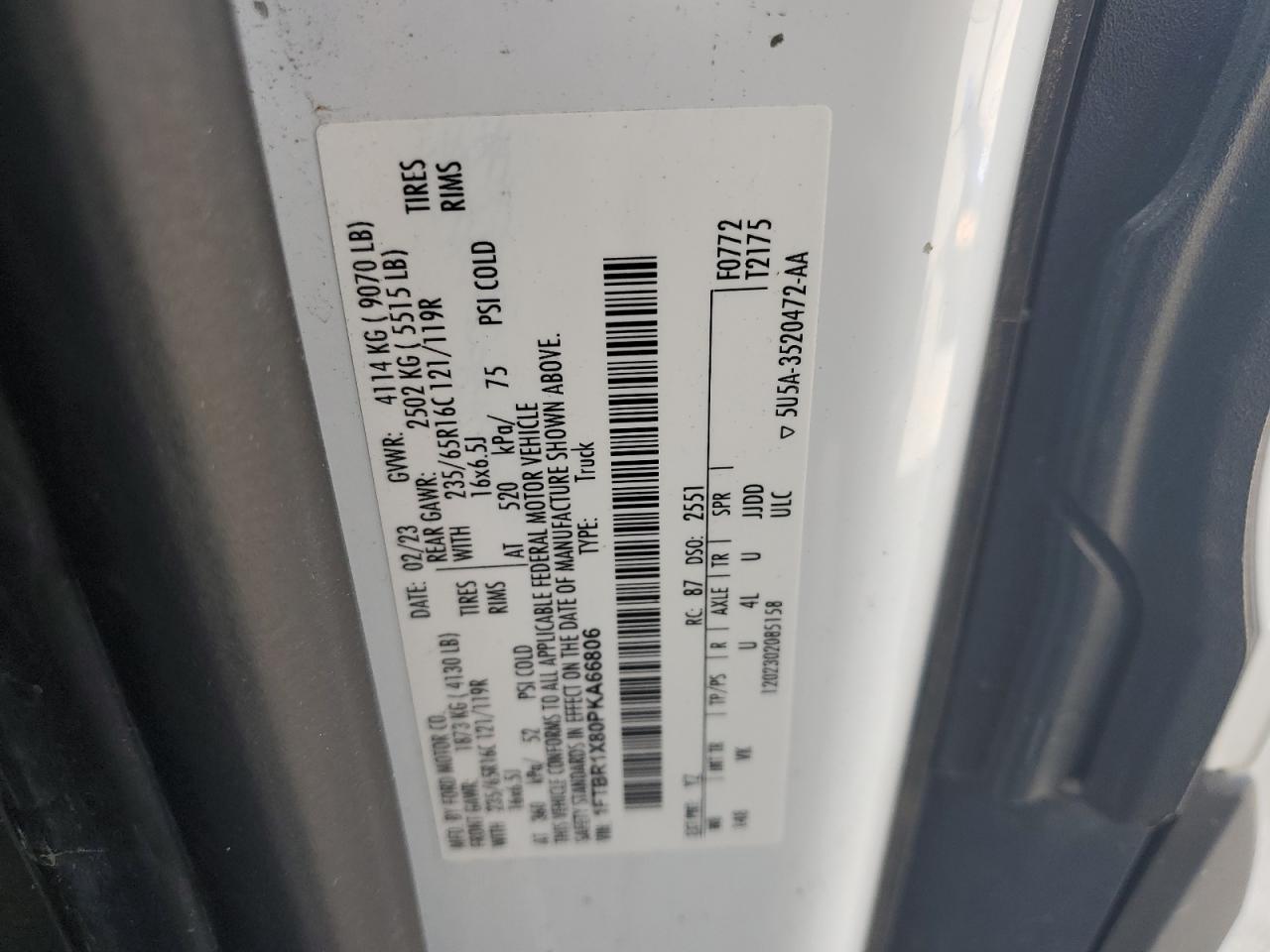 2023 Ford Transit T-250 VIN: 1FTBR1X80PKA66806 Lot: 63852515
