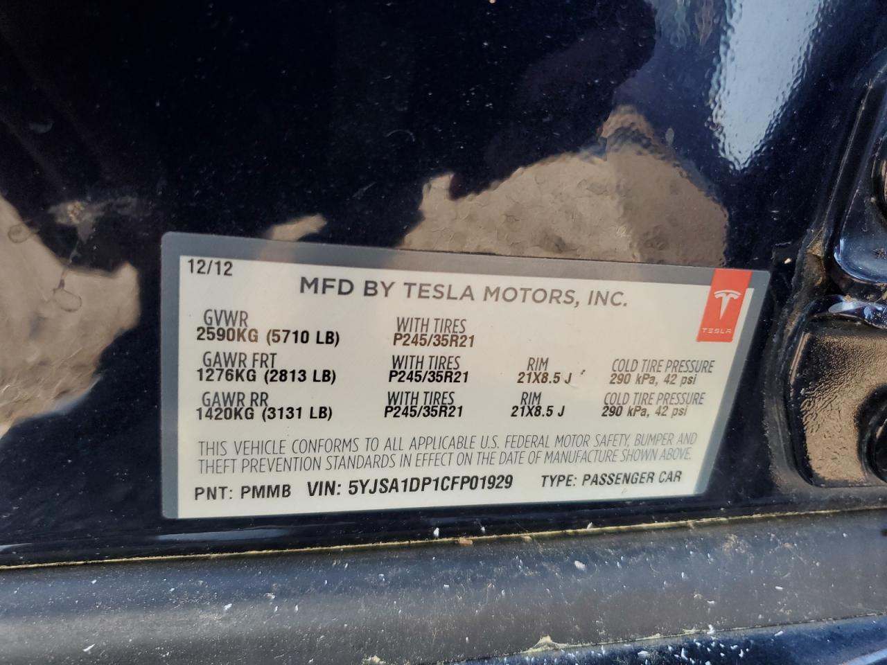 2012 Tesla Model S VIN: 5YJSA1DP1CFP01929 Lot: 65011205
