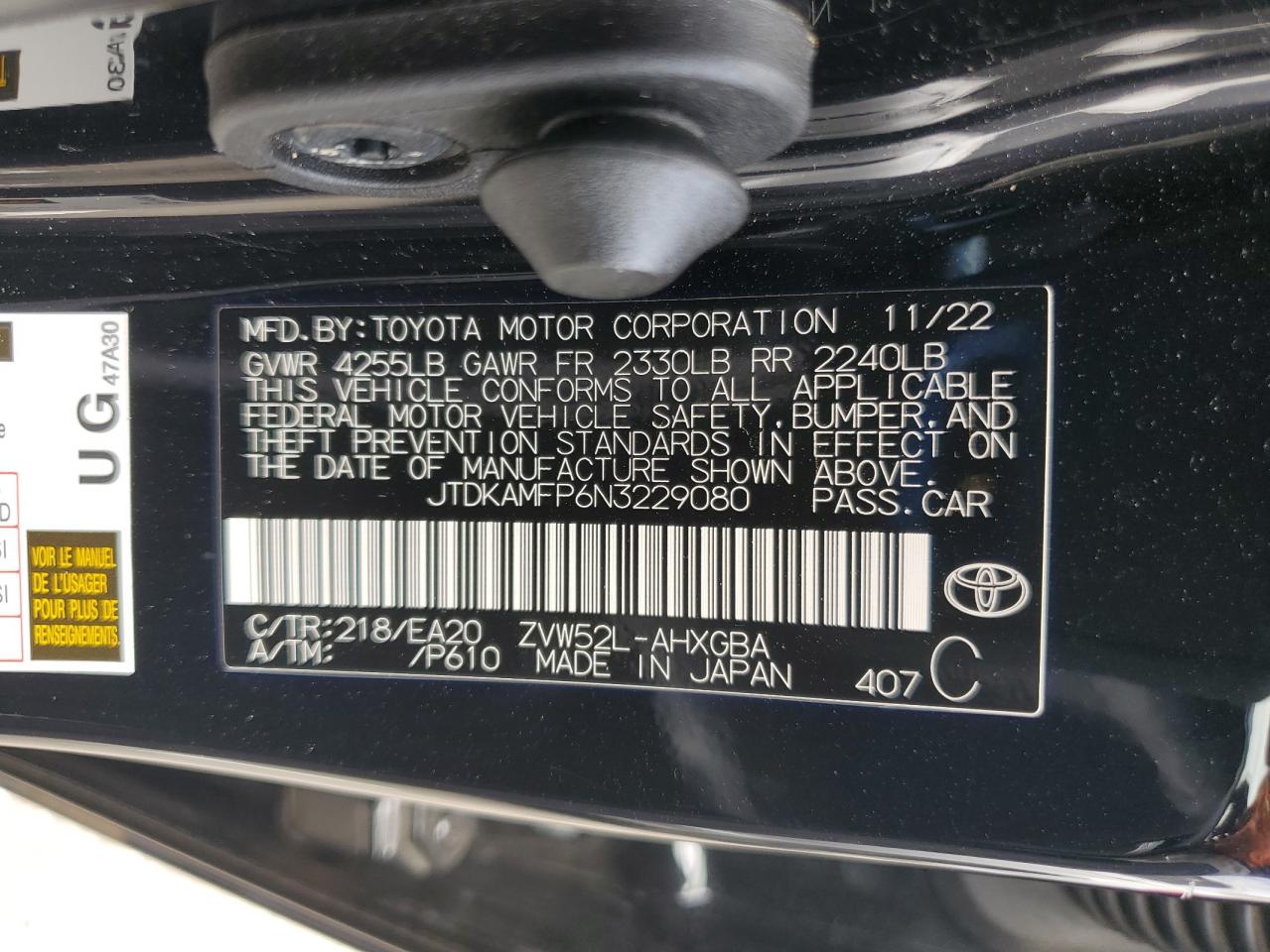 2022 Toyota Prius Prime Le VIN: JTDKAMFP6N3229080 Lot: 65473835