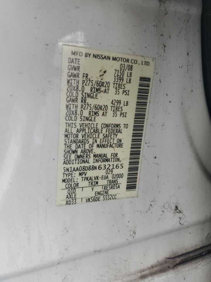 2008 Nissan Armada Se VIN: 5N1AA08D88N632165 Lot: 63860615