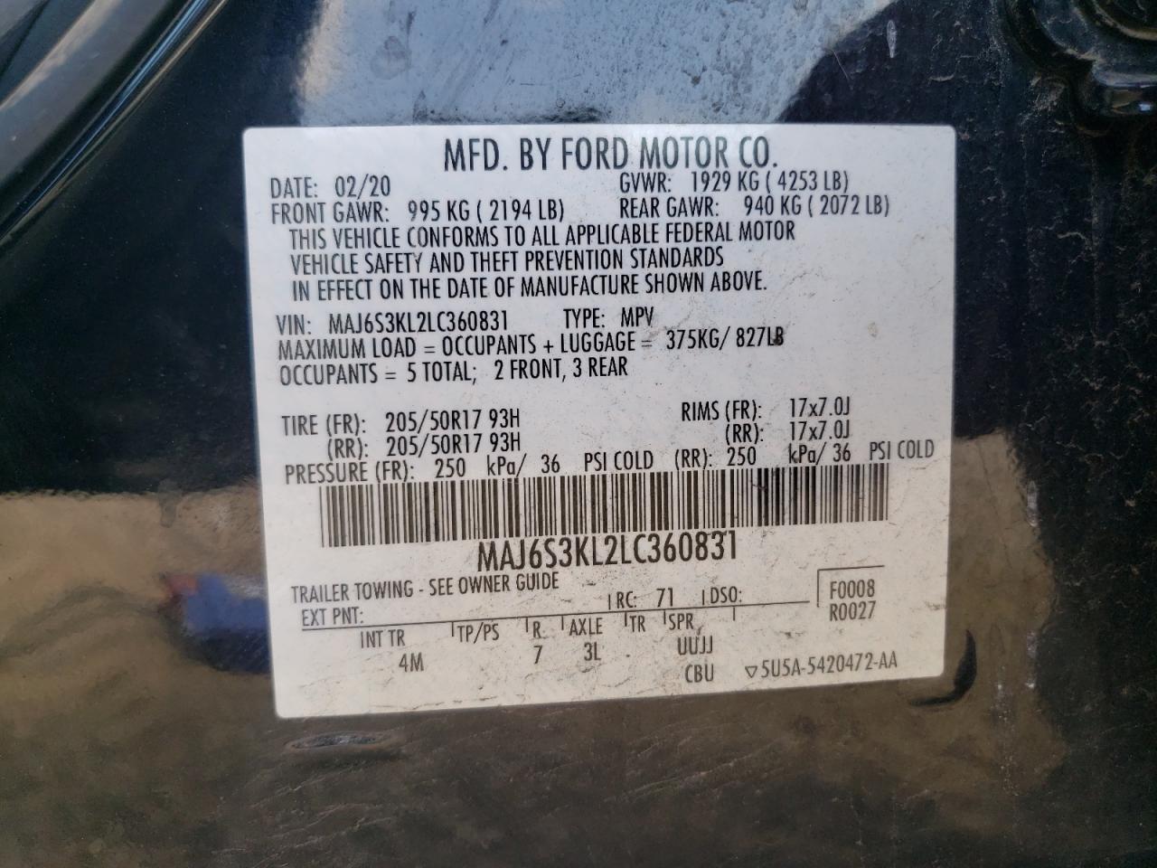 2020 Ford Ecosport Titanium VIN: MAJ6S3KL2LC360831 Lot: 66830565