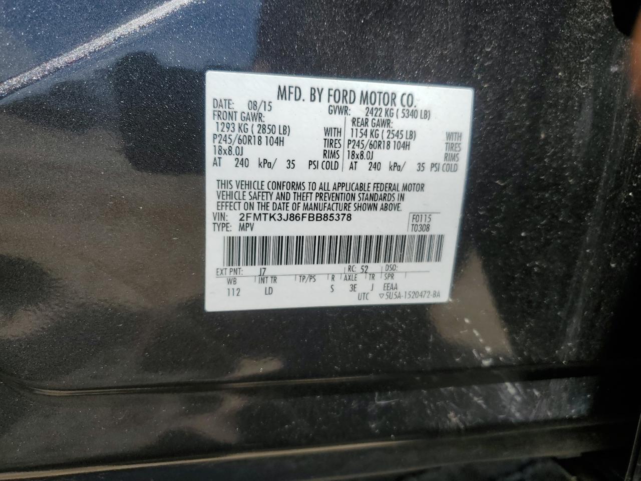 2015 Ford Edge Sel VIN: 2FMTK3J86FBB85378 Lot: 64648585