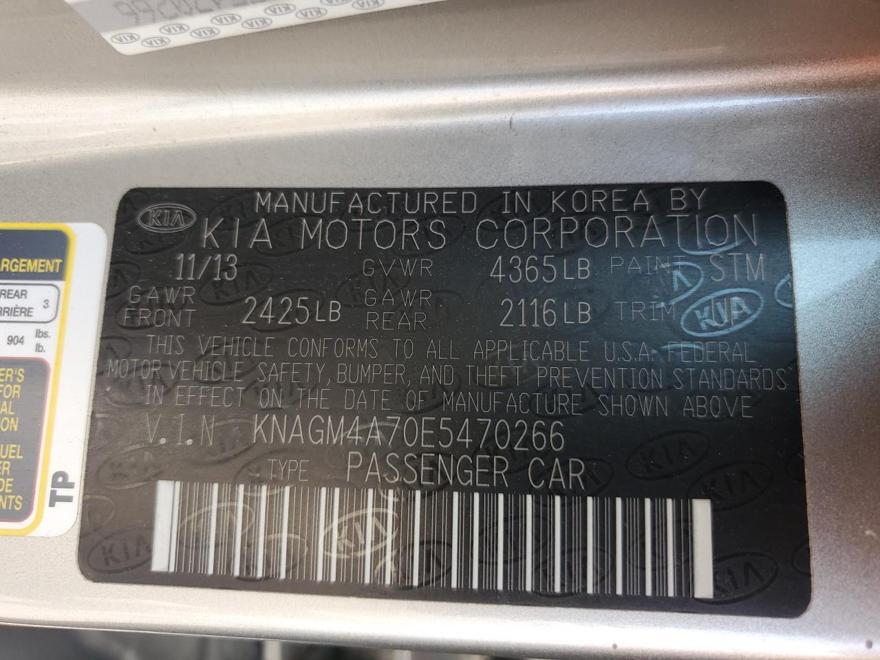 2014 Kia Optima Lx VIN: KNAGM4A70E5470266 Lot: 65084275