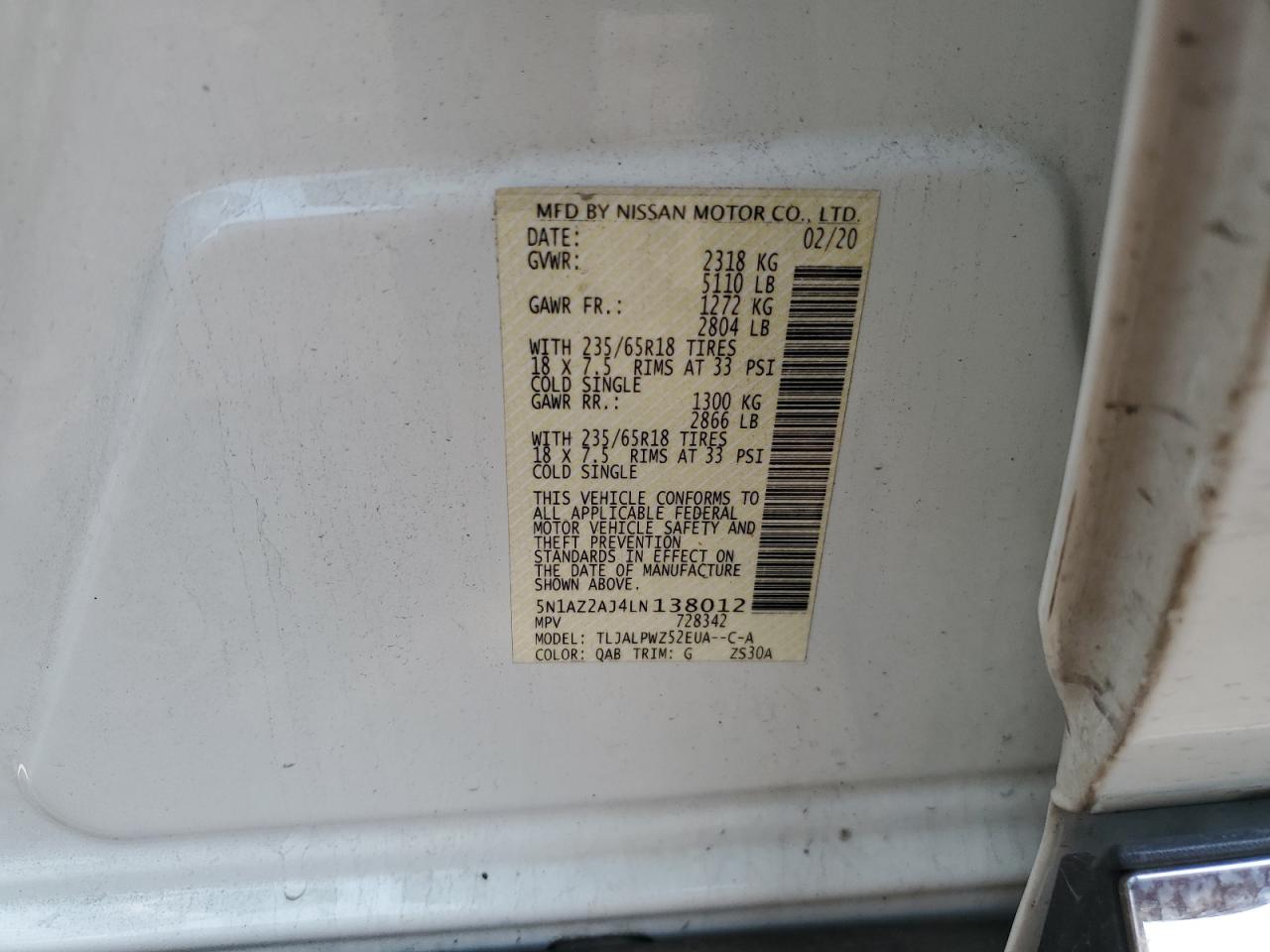 2020 Nissan Murano S VIN: 5N1AZ2AJ4LN138012 Lot: 67186865