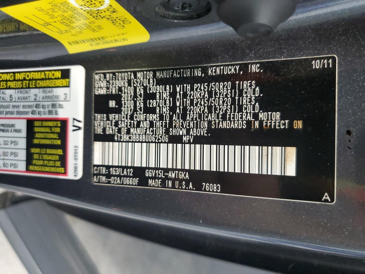 2011 Toyota Venza VIN: 4T3BK3BB8BU062506 Lot: 62870025