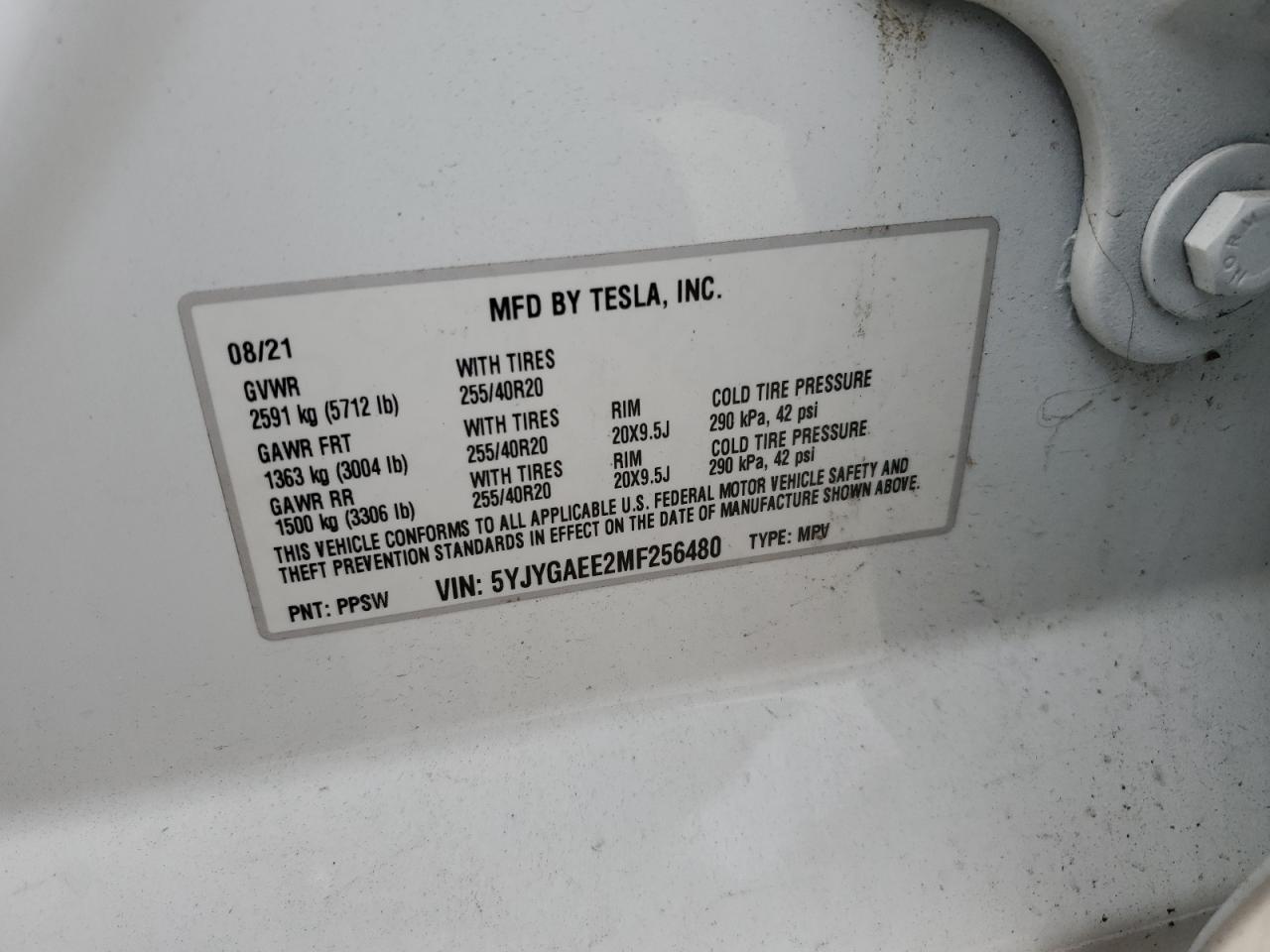 2021 Tesla Model Y VIN: 5YJYGAEE2MF256480 Lot: 62661285