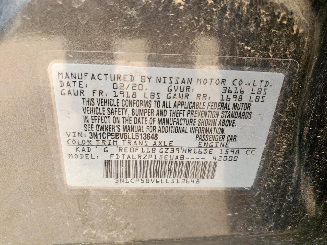 2020 Nissan Kicks S VIN: 3N1CP5BV6LL513648 Lot: 63473535