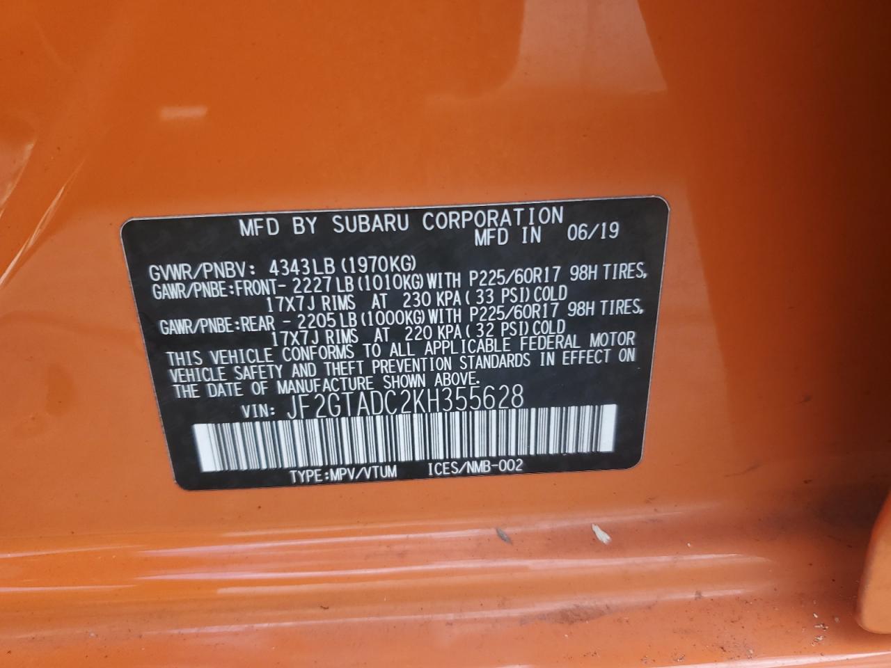 2019 Subaru Crosstrek Premium VIN: JF2GTADC2KH355628 Lot: 64134145