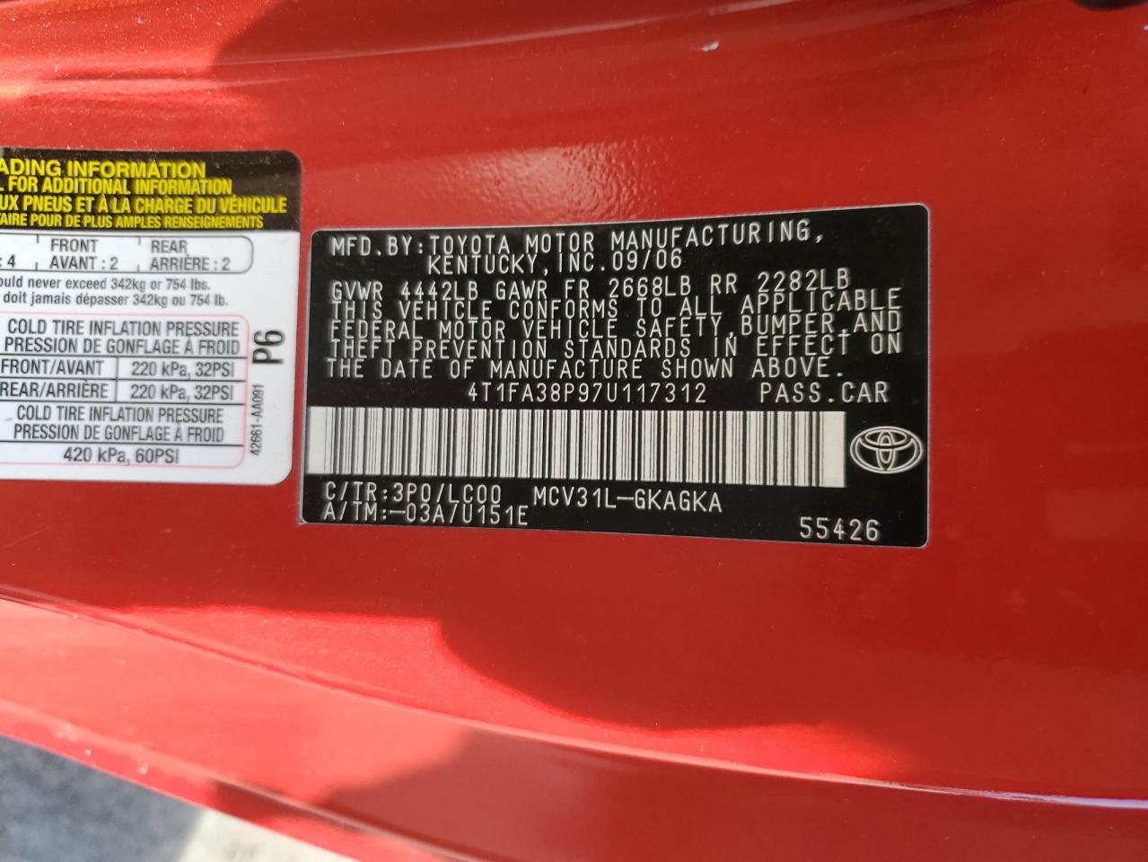 2007 Toyota Camry Solara Se VIN: 4T1FA38P97U117312 Lot: 64227625