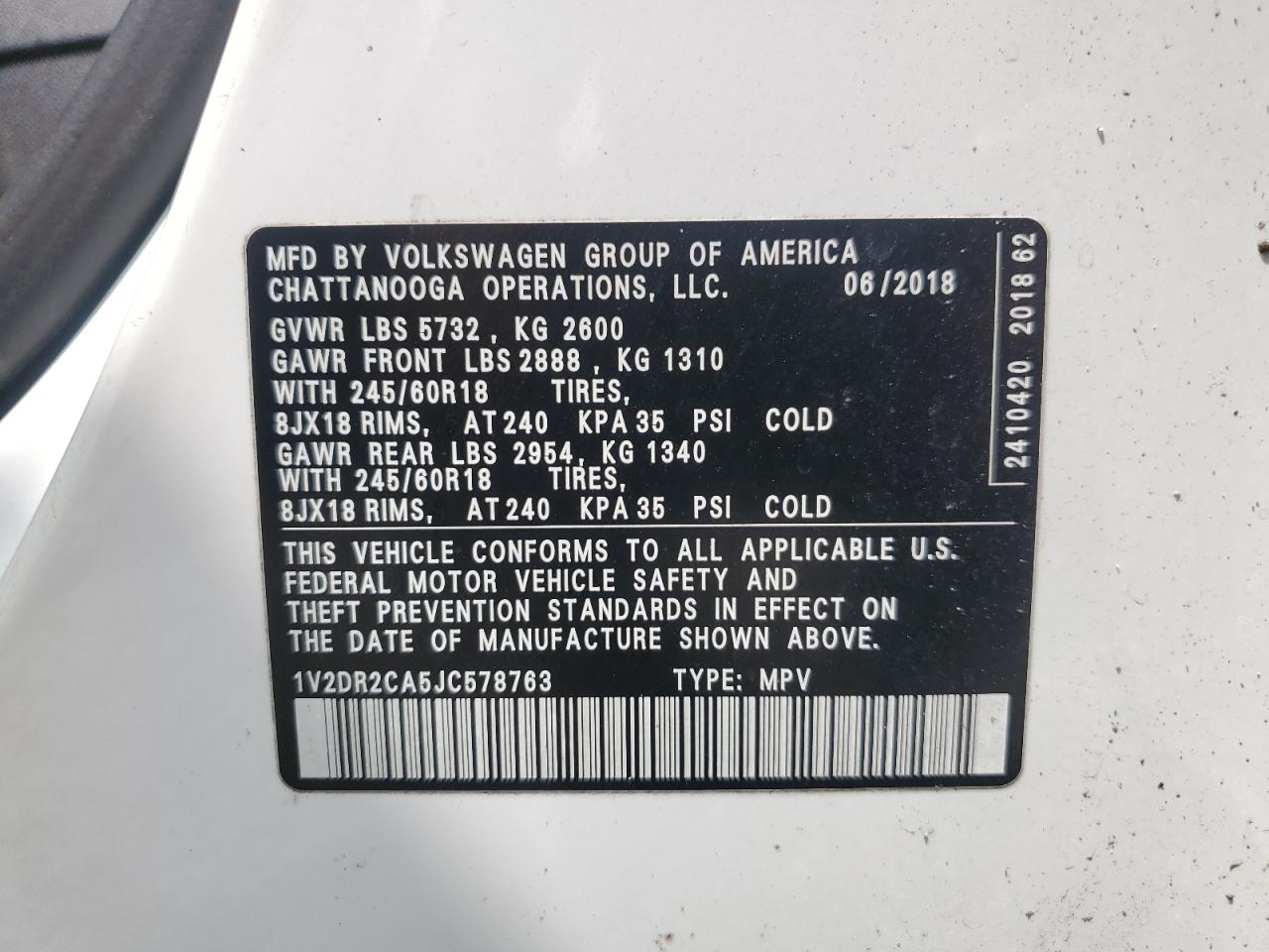 2018 Volkswagen Atlas Se VIN: 1V2DR2CA5JC578763 Lot: 64213025
