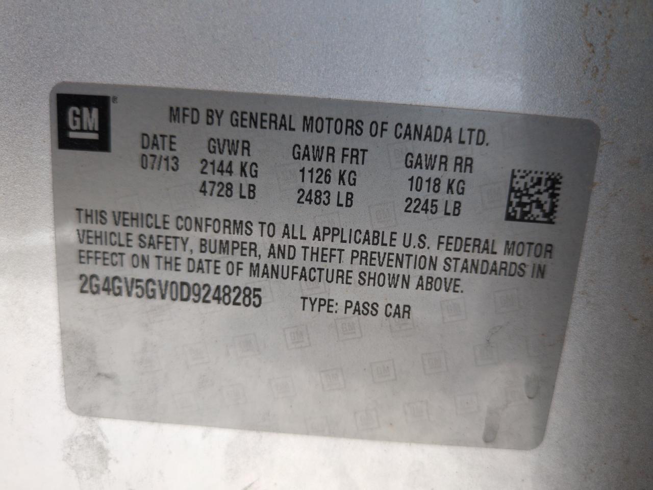 2013 Buick Regal Gs VIN: 2G4GV5GV0D9248285 Lot: 65203625