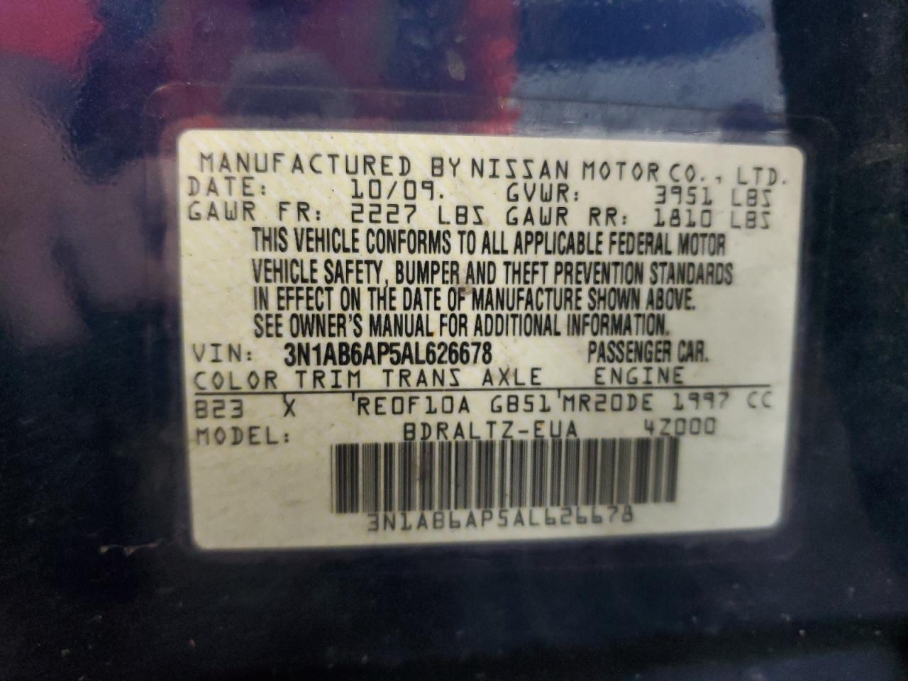 2010 Nissan Sentra 2.0 VIN: 3N1AB6AP5AL626678 Lot: 63161205