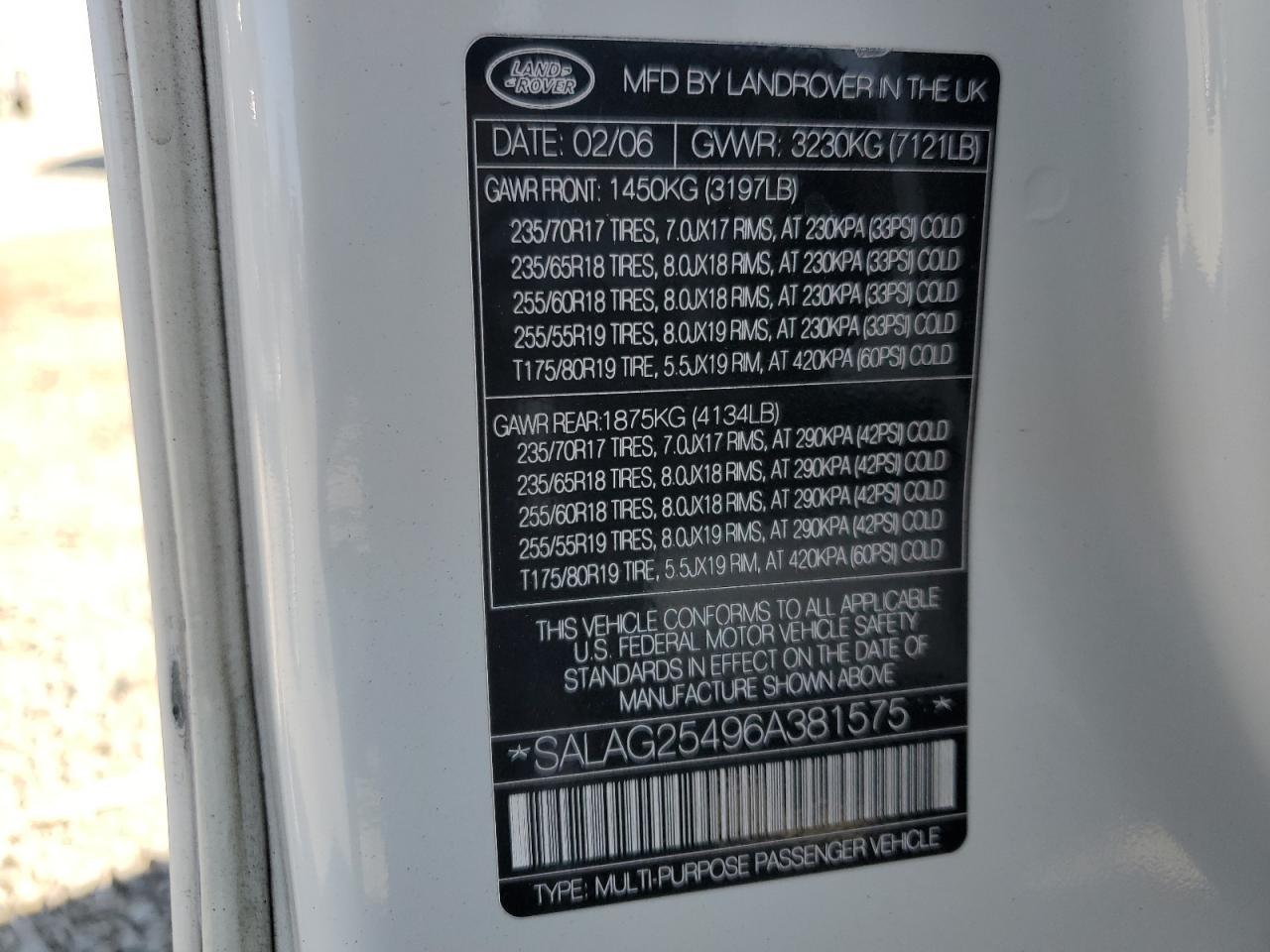 2006 Land Rover Lr3 Hse VIN: SALAG25496A381575 Lot: 63529735