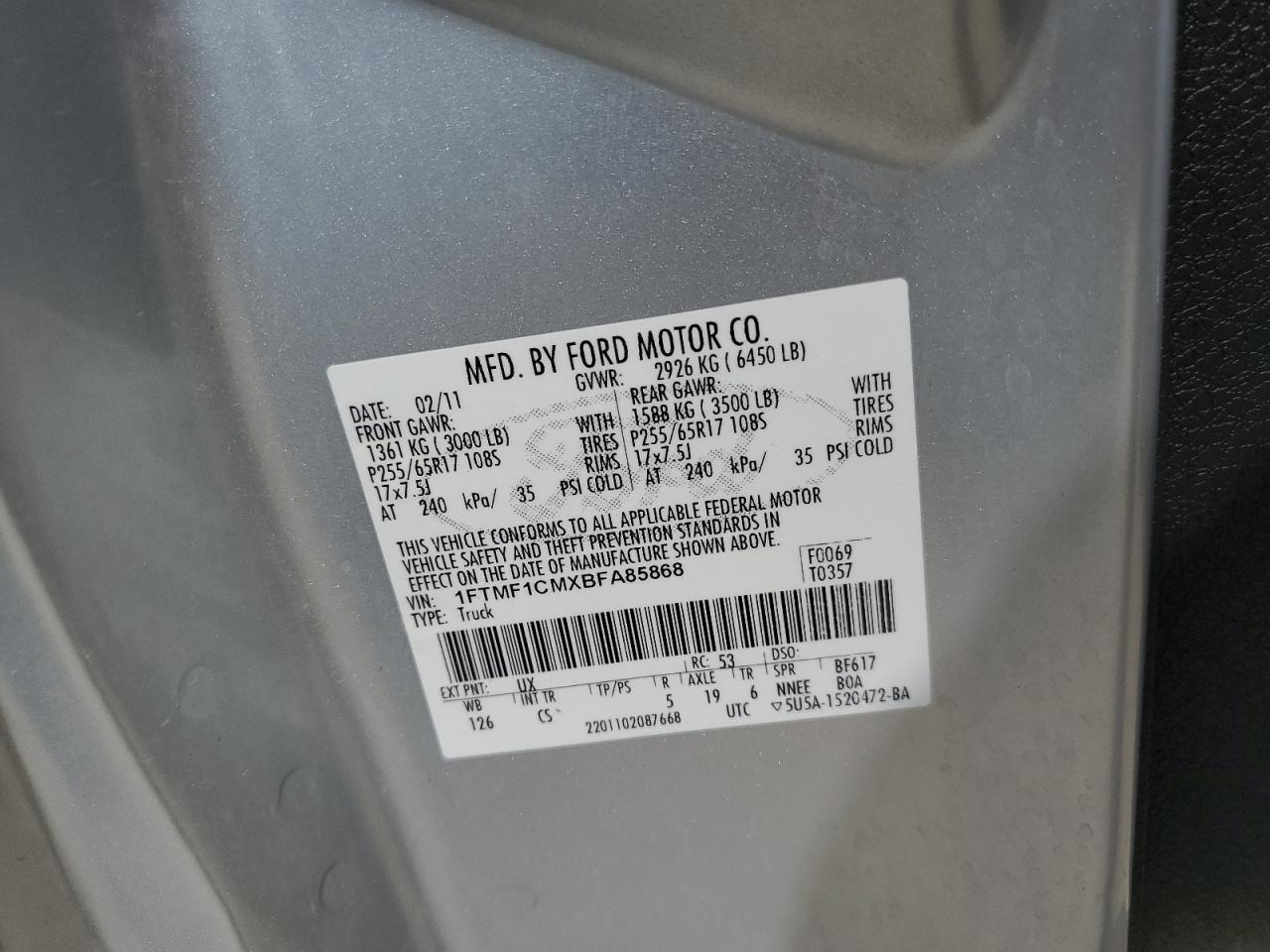2011 Ford F150 VIN: 1FTMF1CMXBFA85868 Lot: 65291875