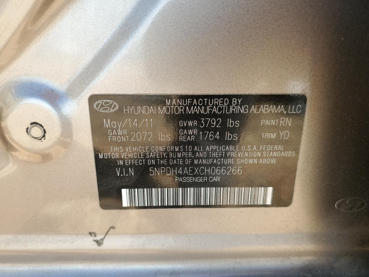 2012 Hyundai Elantra Gls VIN: 5NPDH4AEXCH066266 Lot: 65570105