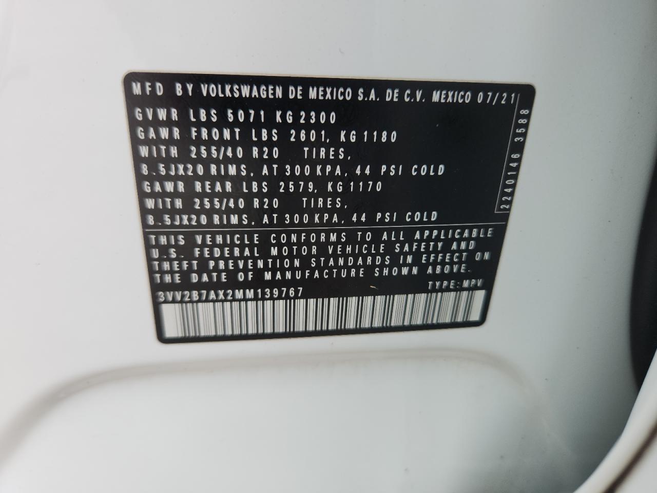 2021 Volkswagen Tiguan Se VIN: 3VV2B7AX2MM139767 Lot: 64671175