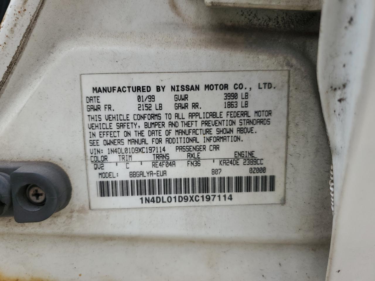 1999 Nissan Altima Xe VIN: 1N4DL01D9XC197114 Lot: 66488815