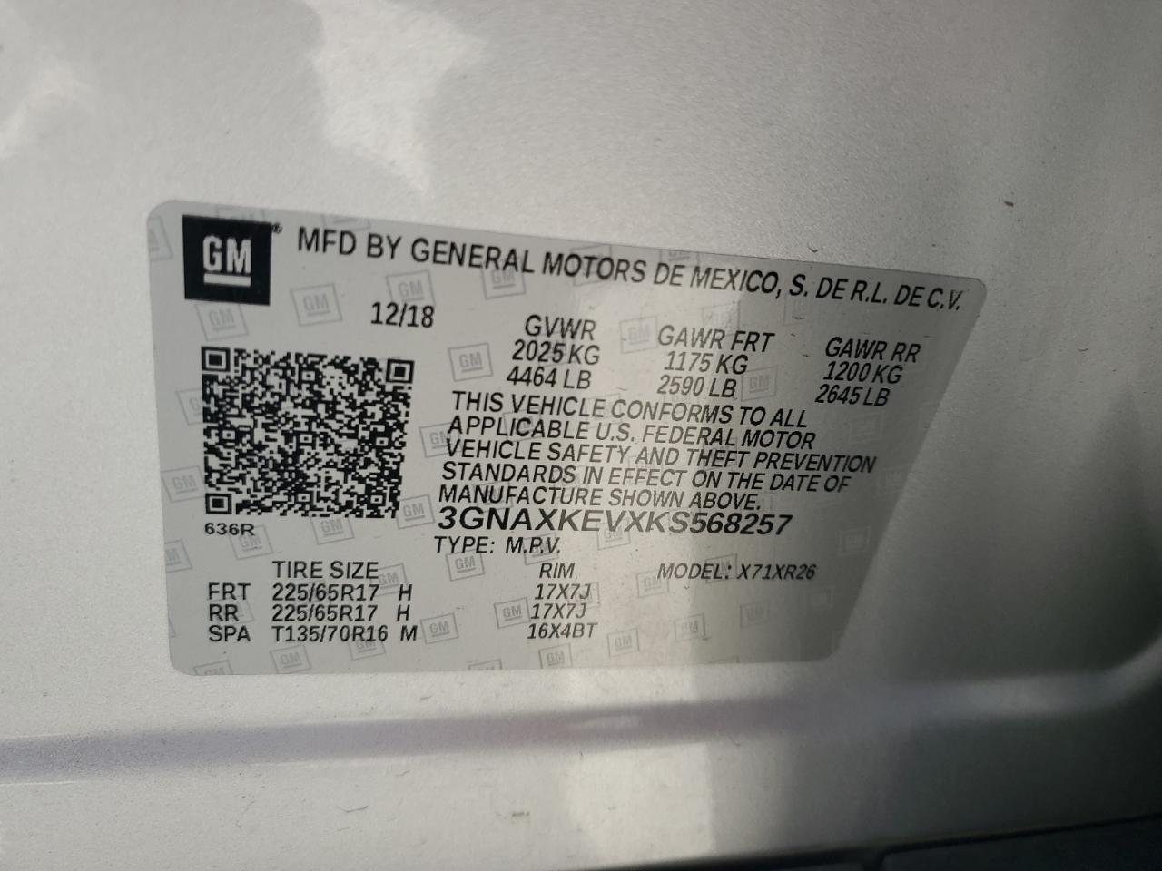 2019 Chevrolet Equinox Lt VIN: 3GNAXKEVXKS568257 Lot: 65143485