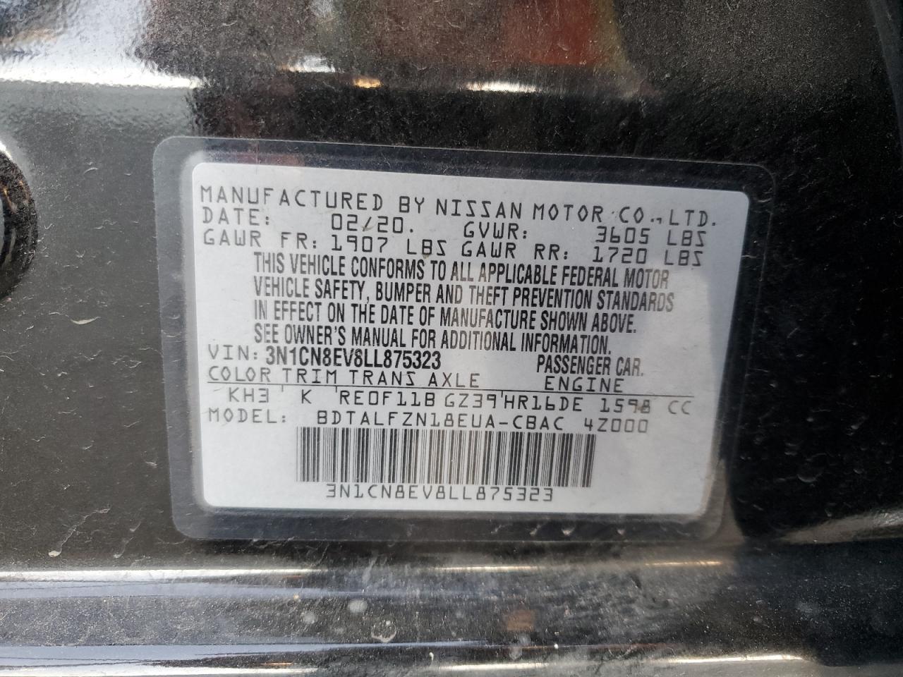 3N1CN8EV8LL875323 NISSAN VERSA 2020