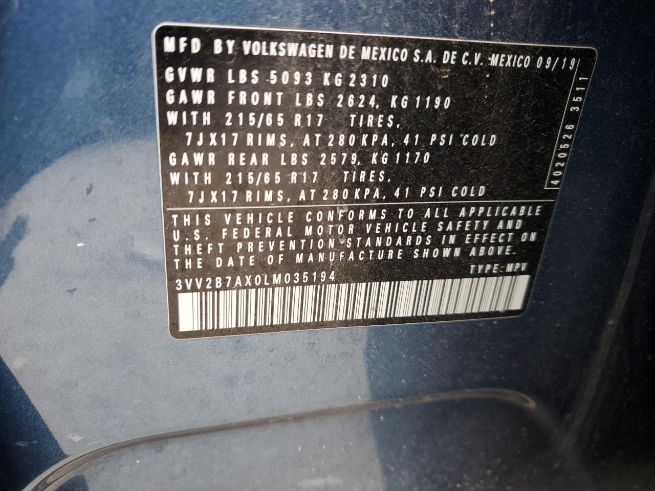 2020 Volkswagen Tiguan Se VIN: 3VV2B7AX0LM035194 Lot: 67034775