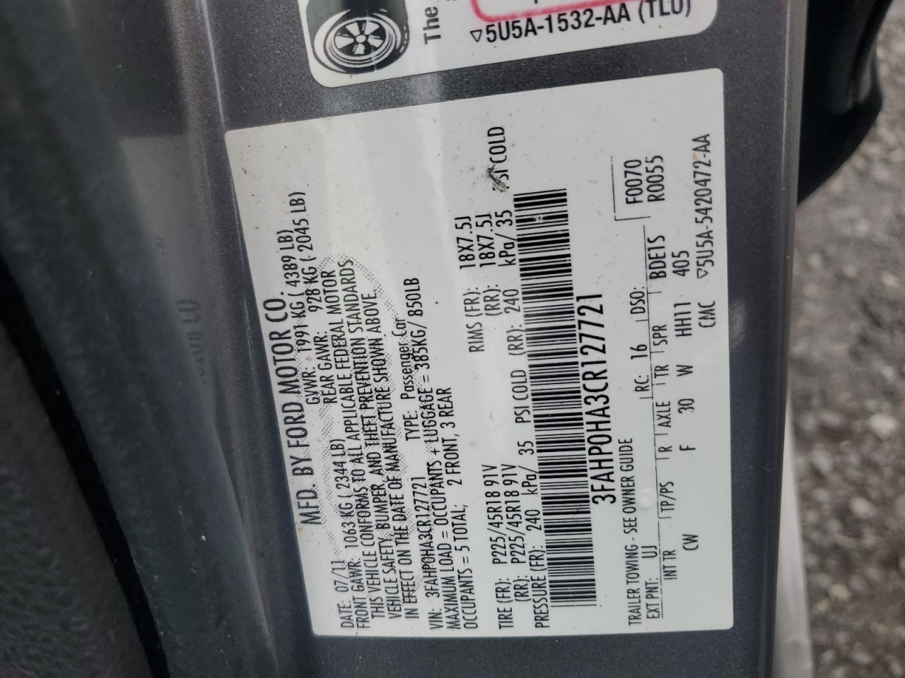 2012 Ford Fusion Se VIN: 3FAHP0HA3CR127721 Lot: 64726335