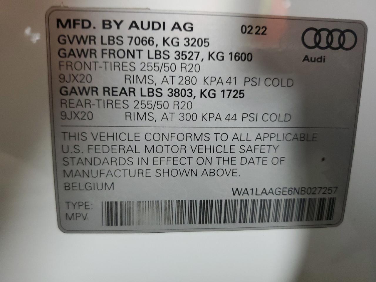2022 Audi E-Tron Premium Plus VIN: WA1LAAGE6NB027257 Lot: 64239695