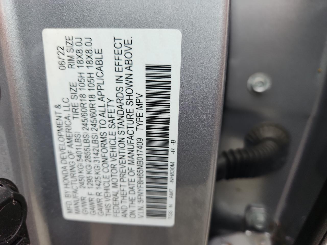2022 Honda Passport Trail Sport VIN: 5FNYF8H65NB017409 Lot: 65361335