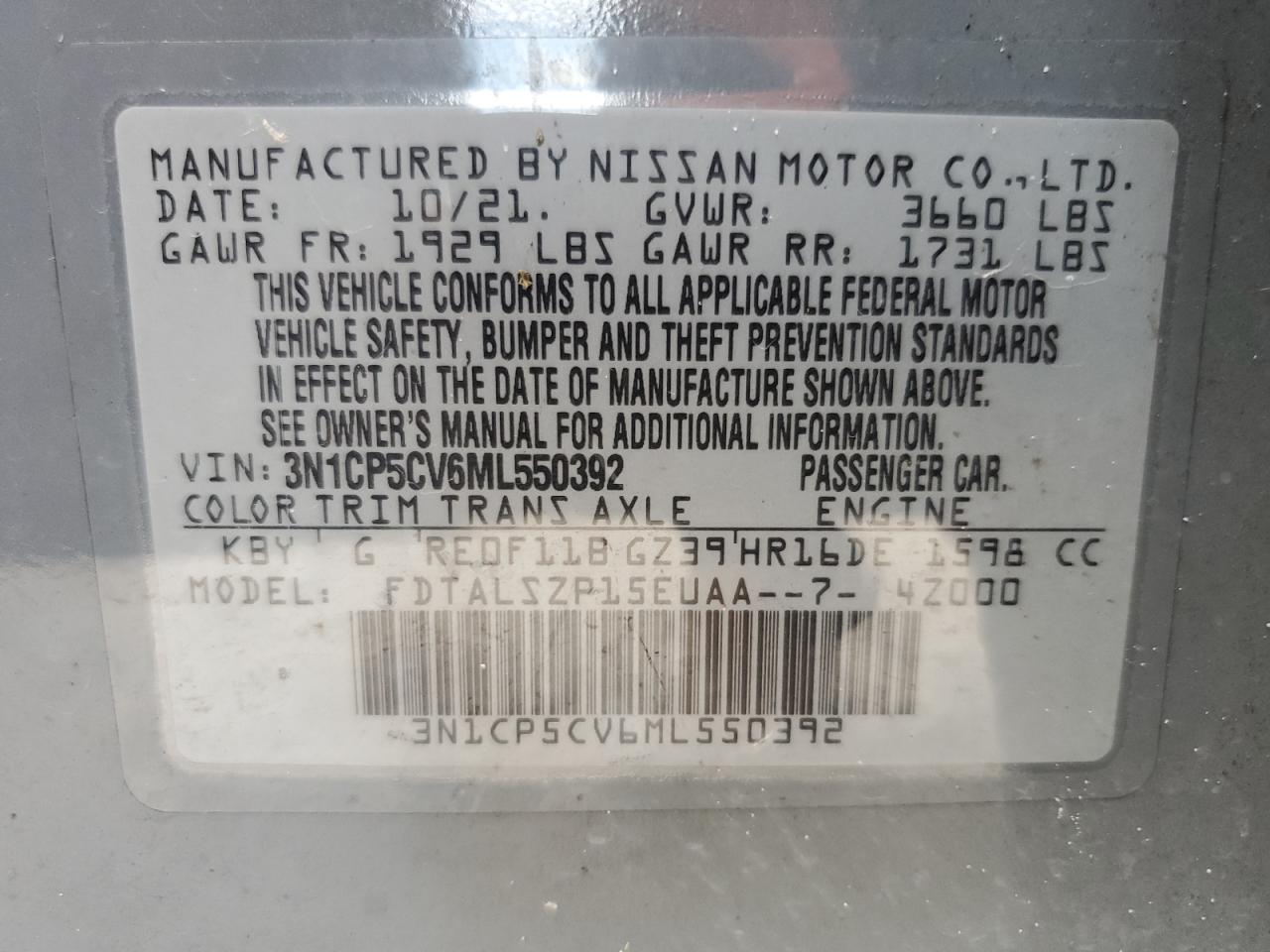 2021 Nissan Kicks Sv VIN: 3N1CP5CV6ML550392 Lot: 64949695