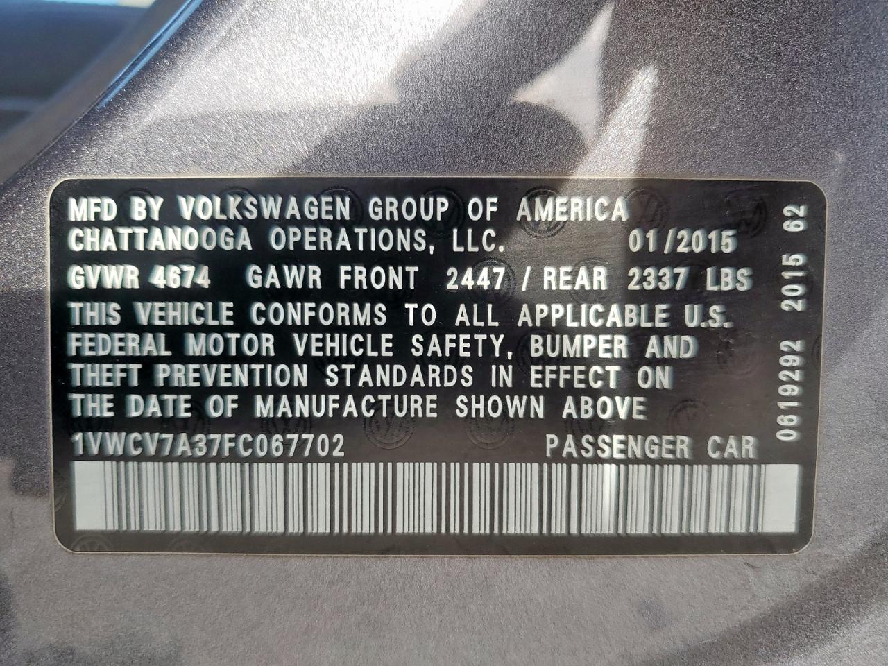 2015 Volkswagen Passat Sel VIN: 1VWCV7A37FC067702 Lot: 64082145
