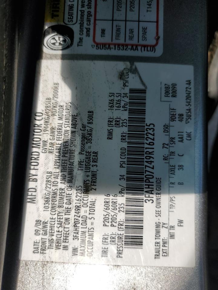 2009 Ford Fusion Se VIN: 3FAHP07Z49R162235 Lot: 65099355