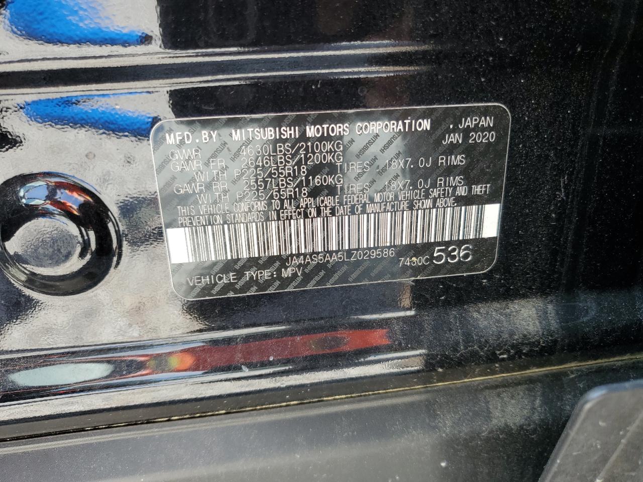 2020 Mitsubishi Eclipse Cross VIN: JA4AS5AA5LZ029586 Lot: 64597645