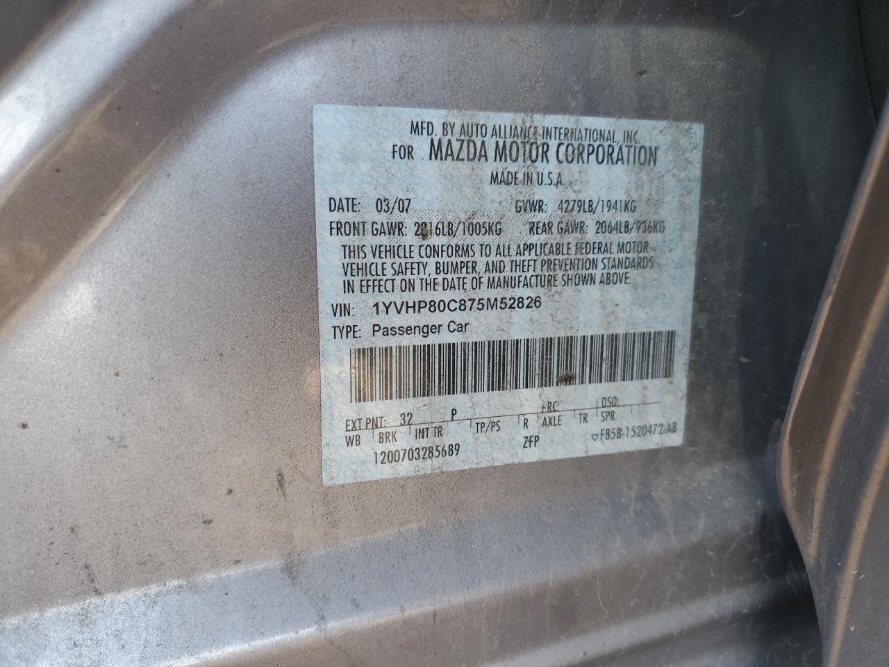 2007 Mazda 6 I VIN: 1YVHP80C875M52826 Lot: 80684775