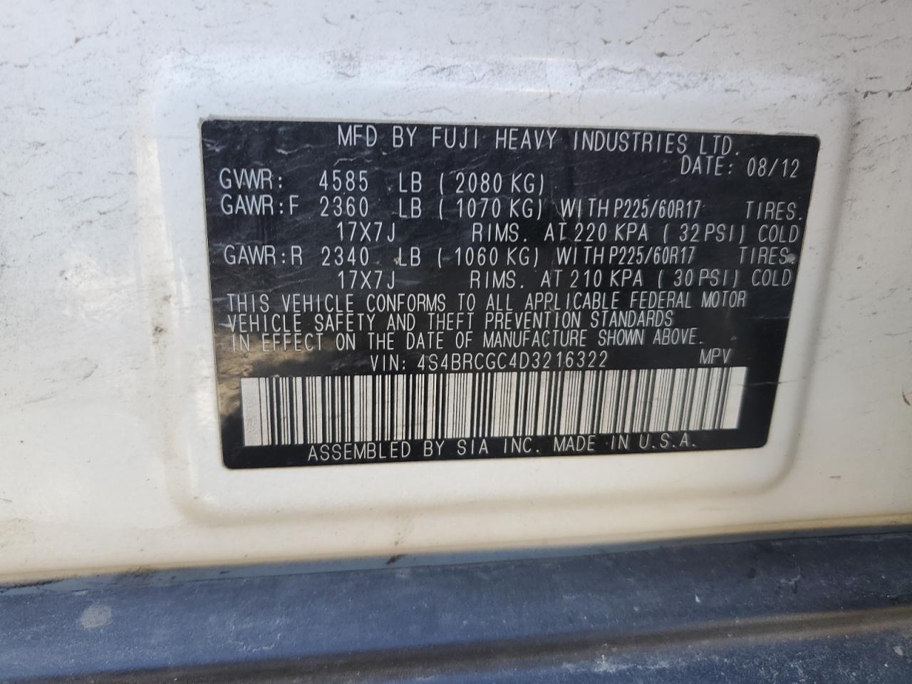 2013 Subaru Outback 2.5I Premium VIN: 4S4BRCGC4D3216322 Lot: 64733825