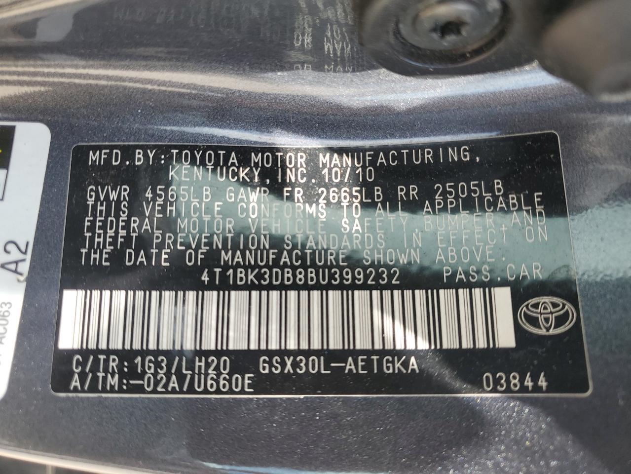 2011 Toyota Avalon Base VIN: 4T1BK3DB8BU399232 Lot: 64323645
