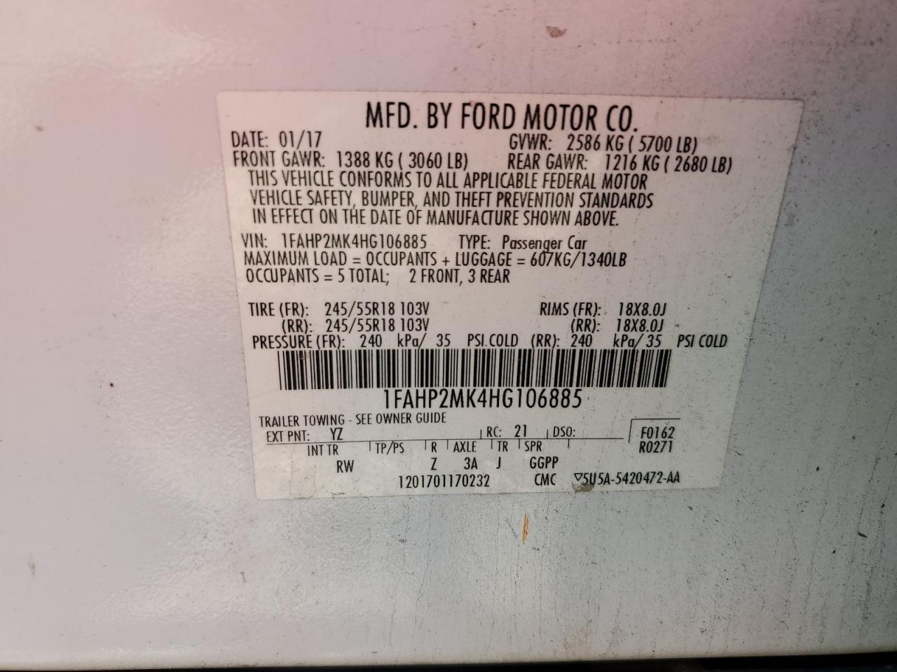 2017 Ford Taurus Police Interceptor VIN: 1FAHP2MK4HG106885 Lot: 65193815