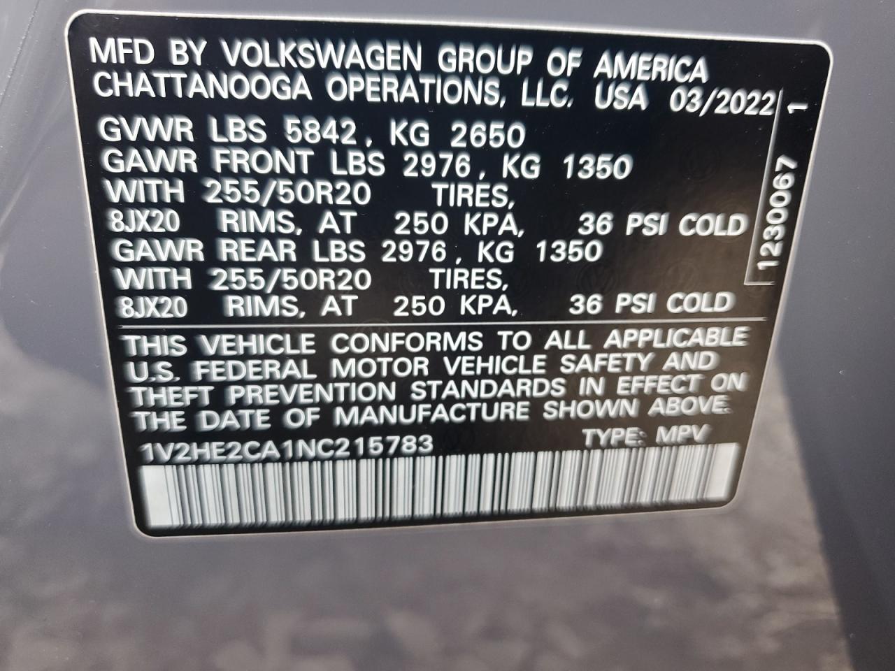 2022 Volkswagen Atlas Cross Sport Se VIN: 1V2HE2CA1NC215783 Lot: 64236995