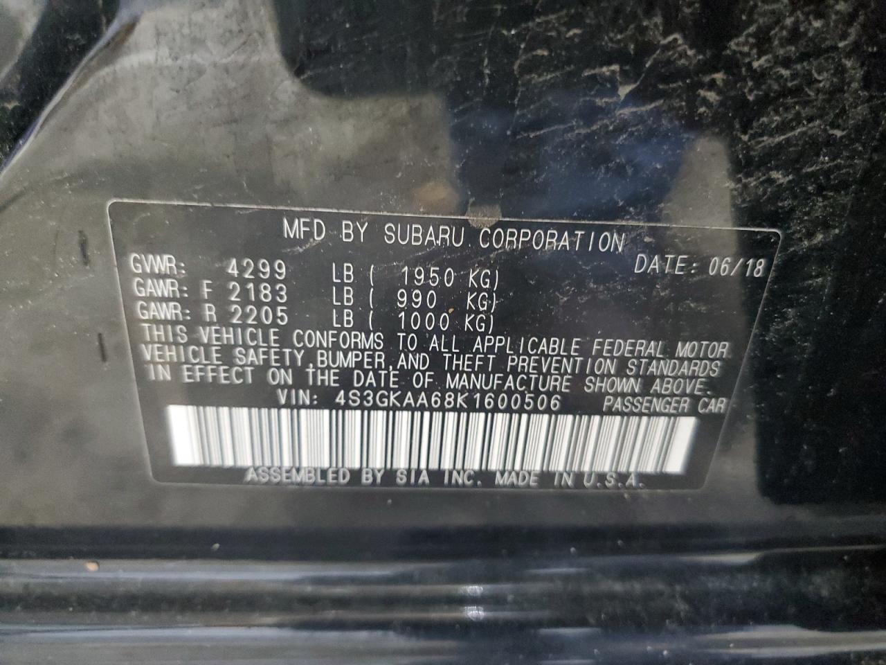 2019 Subaru Impreza VIN: 4S3GKAA68K1600506 Lot: 62308655