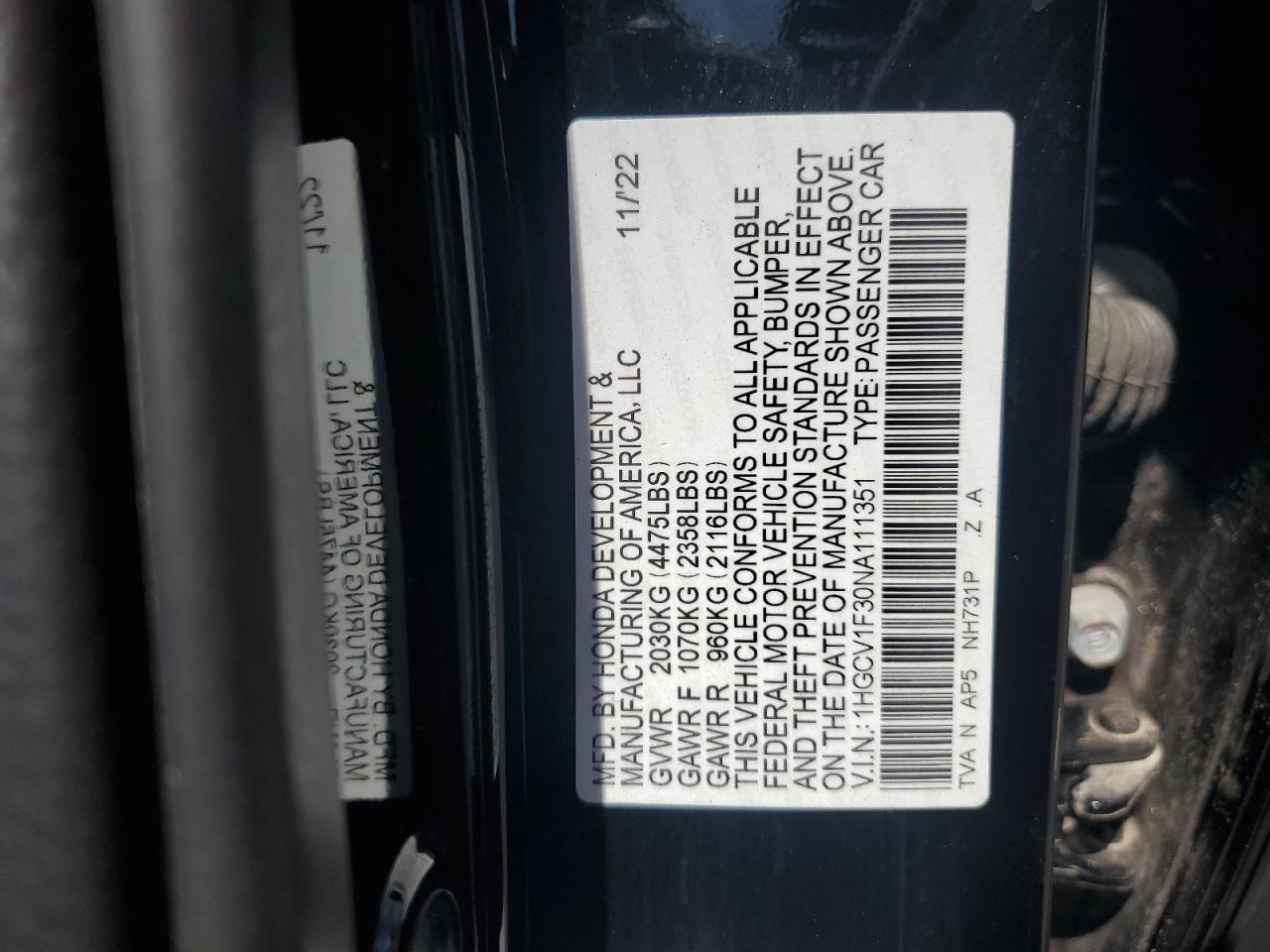 2022 Honda Accord Sport VIN: 1HGCV1F30NA111351 Lot: 67105455