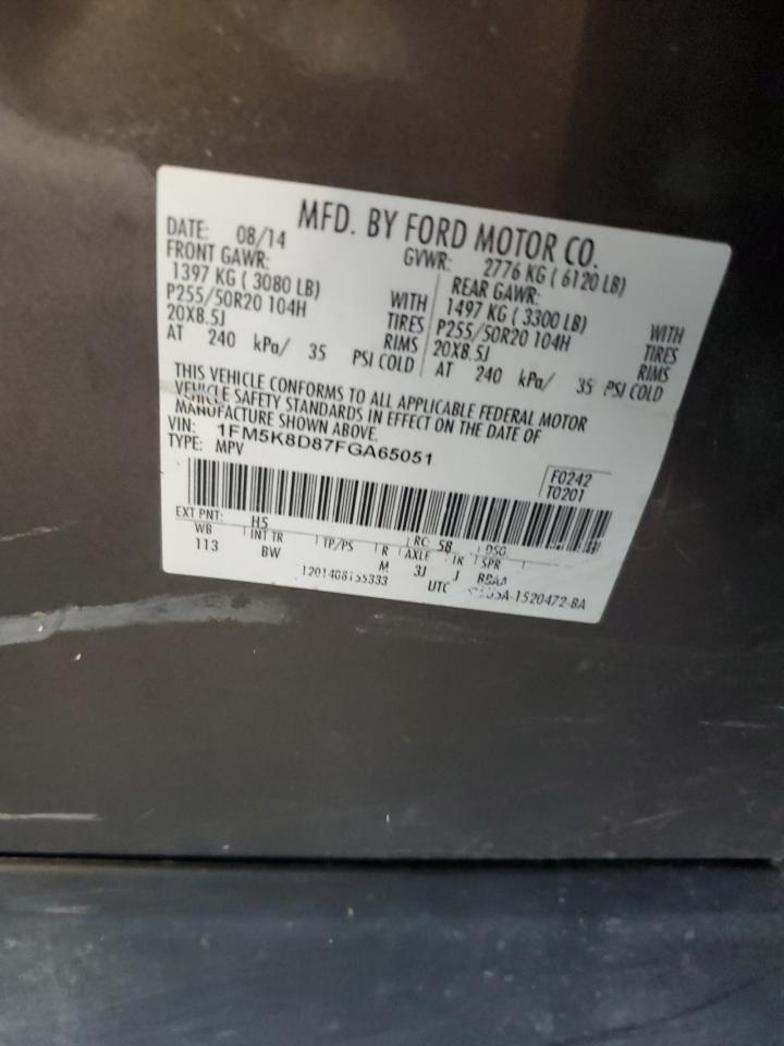2015 Ford Explorer Xlt VIN: 1FM5K8D87FGA65051 Lot: 62757135