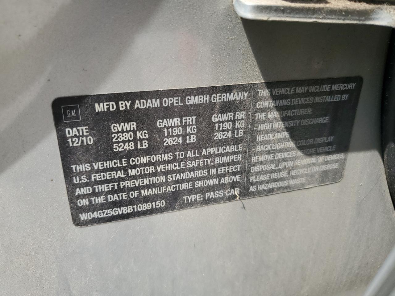2011 Buick Regal Cxl VIN: W04GZ5GV8B1089150 Lot: 63451765