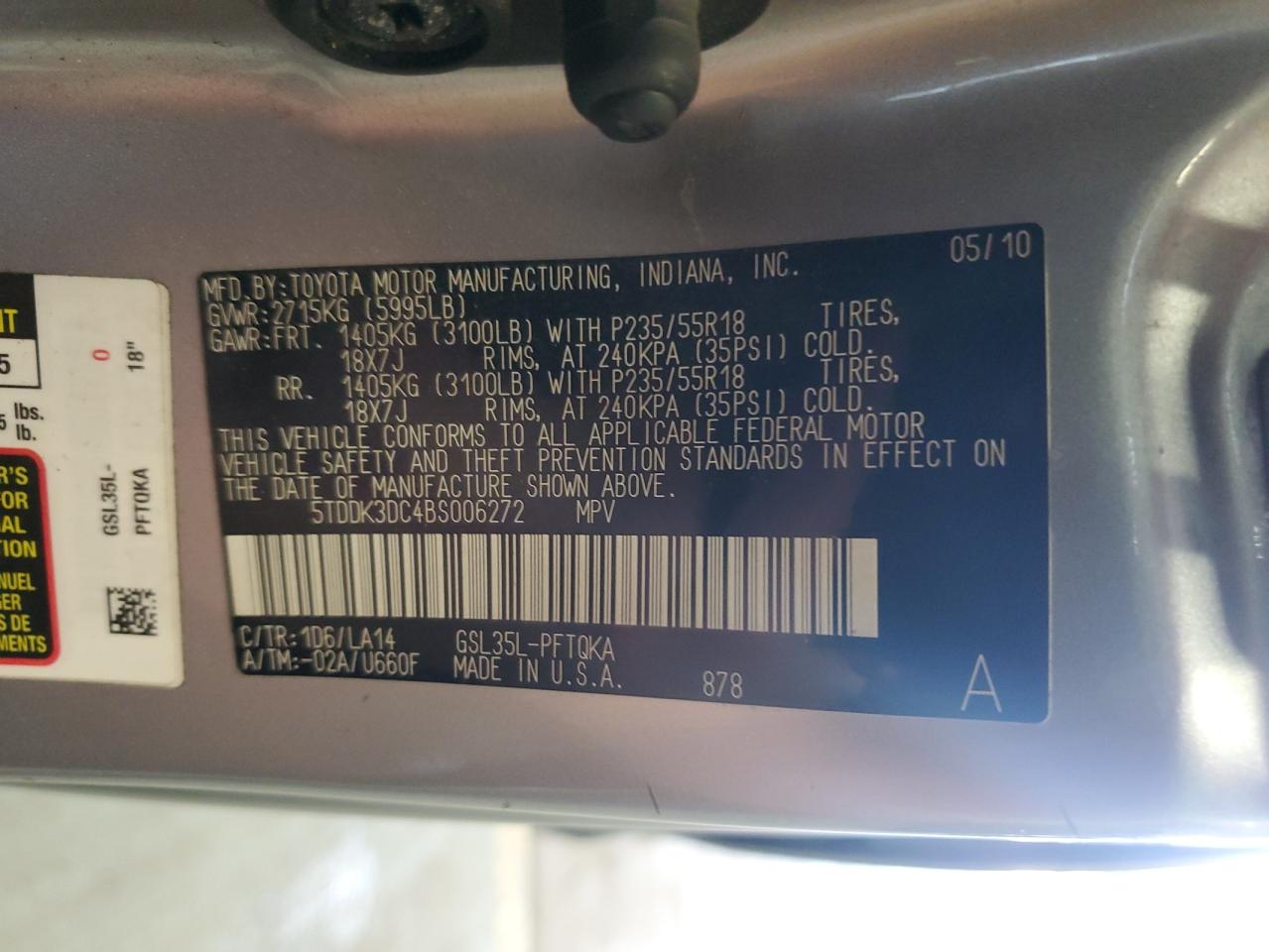 2011 Toyota Sienna Xle VIN: 5TDDK3DC4BS006272 Lot: 65144215