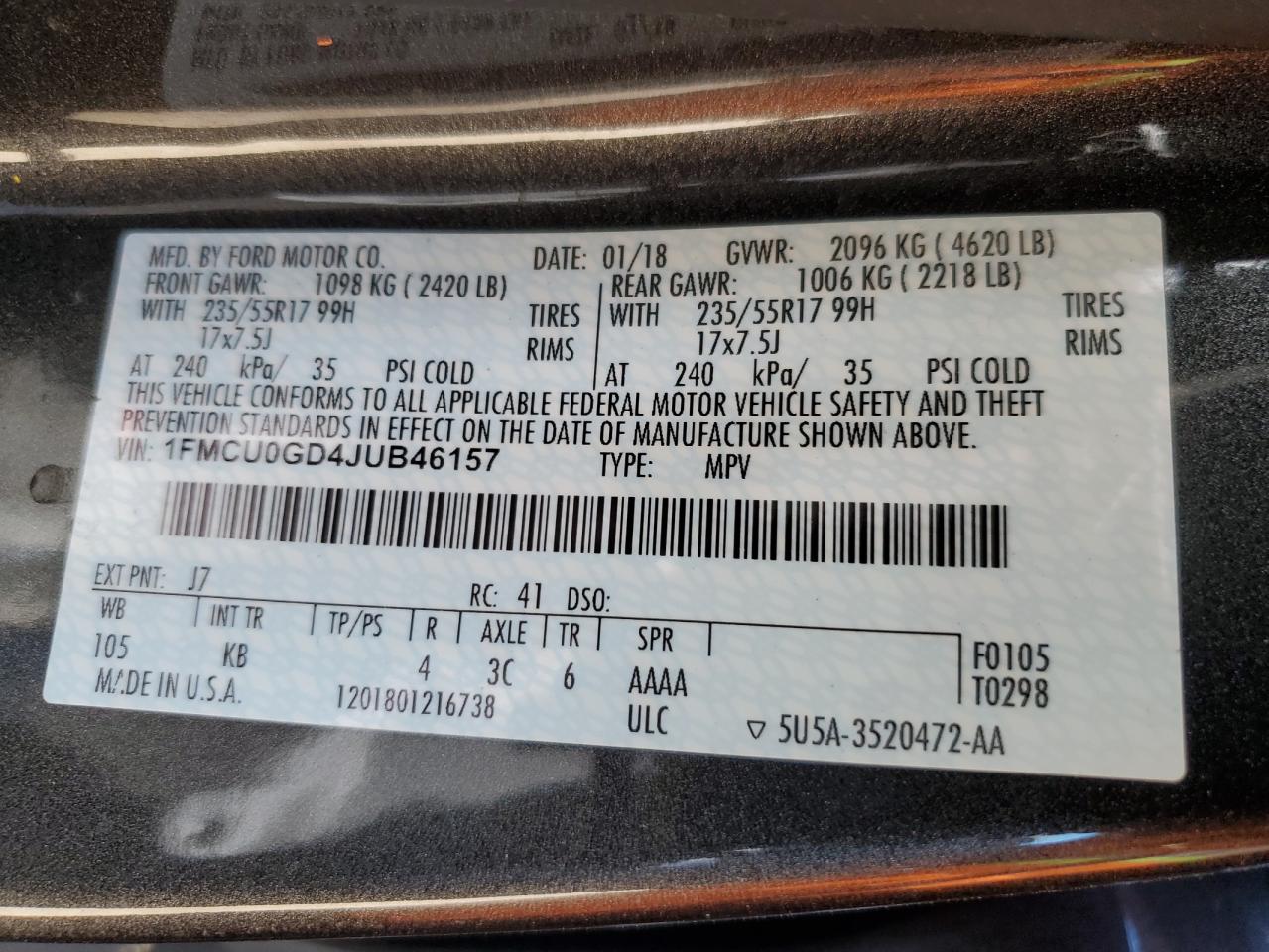 2018 Ford Escape Se VIN: 1FMCU0GD4JUB46157 Lot: 63944755