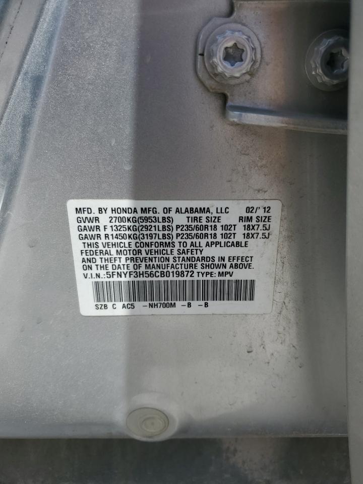 2012 Honda Pilot Exl VIN: 5FNYF3H56CB019872 Lot: 65353345