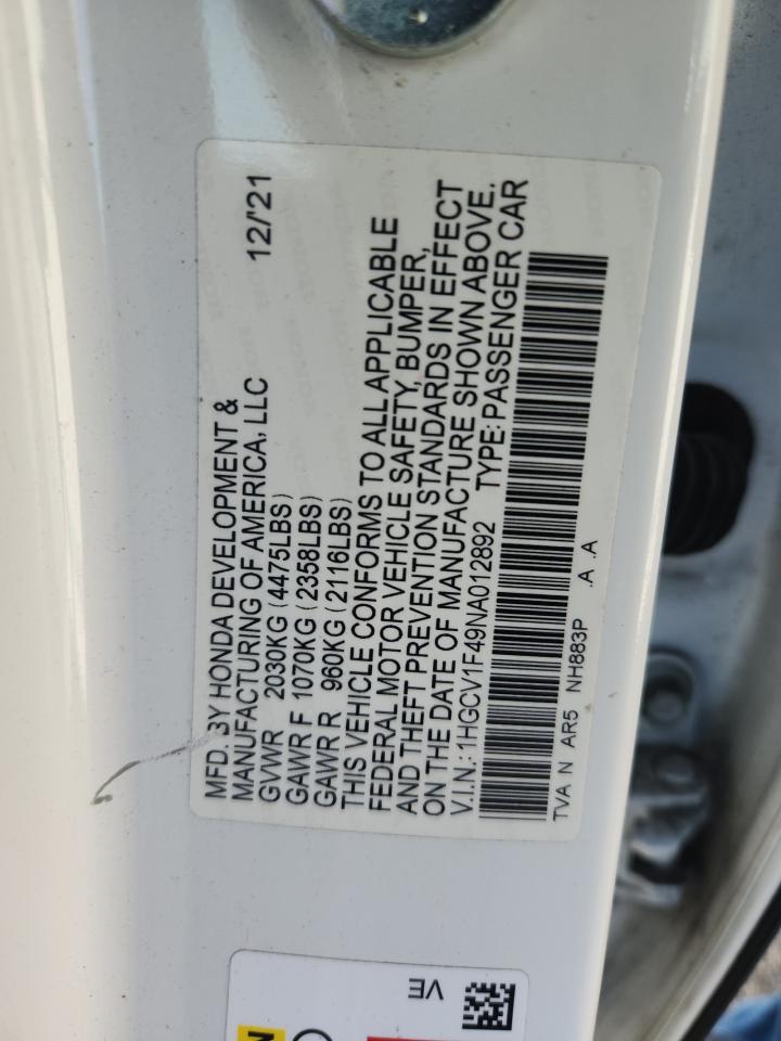 2022 Honda Accord Sport Se VIN: 1HGCV1F49NA012892 Lot: 64259825
