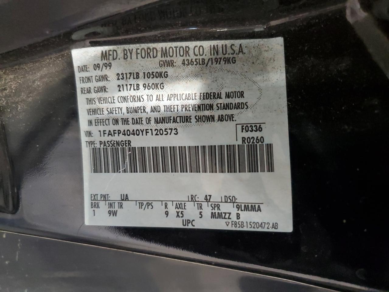 2000 Ford Mustang VIN: 1FAFP4040YF120573 Lot: 63686455